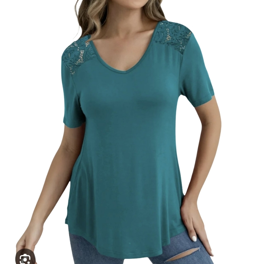 Concepts Teal Lace Shoulder V-Neck Tunic Top Shirt Comfy Plus Size 2X Oversized